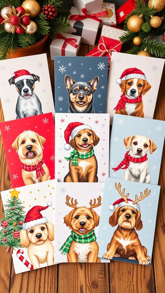 A variety of Christmas cards with dogs in festive outfits, displayed on a table with holiday decorations.